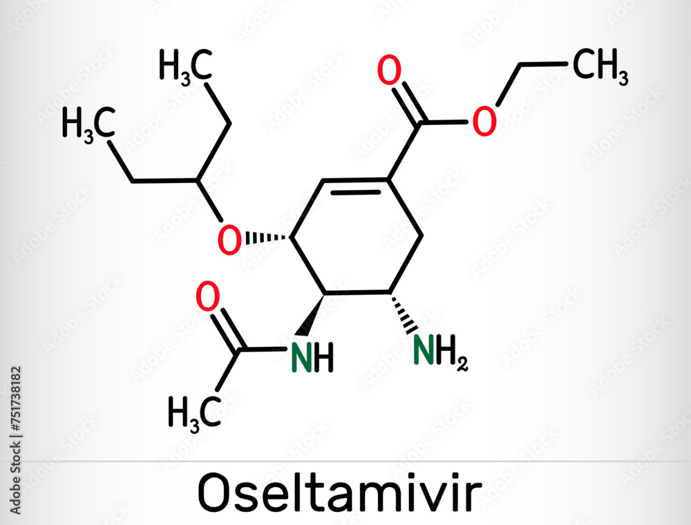 Sticker Oseltamivir antiviral drug molecule. Skeletal chemical formula