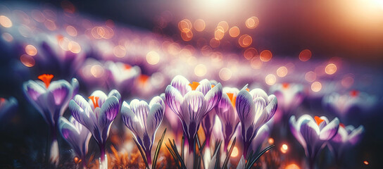 Magical Evening Light Shining Through Delicate Purple Crocuses in Full Bloom Easter Background - obrazy, fototapety, plakaty