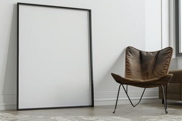 Empty thin black frame on light wooden floor with white wall behind it. Empty poster fram