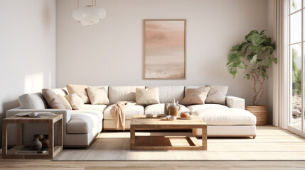 A trendy living room featuring a modern sectional and augmented reality décor