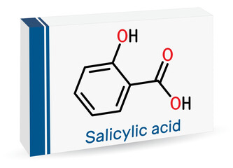 Salicylic acid molecule. It is used in the production of pharmaceuticals, in cosmetics. Skeletal chemical formula. Paper packaging for drugs.