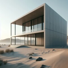 A modern house stands alone in the calm of a desert, showcasing sleek architecture against the soft dunes. The image depicts a perfect blend of human design and natural landscape.
