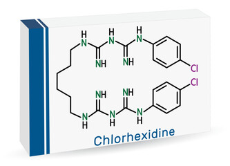 Chlorhexidine disinfectant and antiseptic drug molecule. Skeletal chemical formula. Paper packaging for drugs