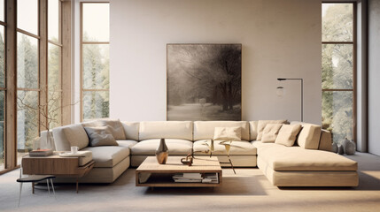 A trendy living room featuring a modern sectional and augmented reality décor