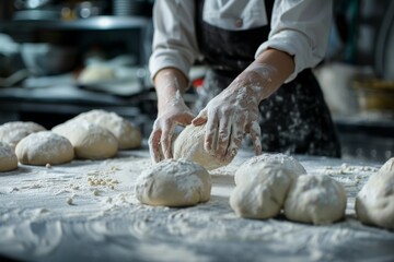 Female baker shaping bread from dough in commercial kitchen