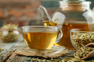 Fennel tea in cup and tea pot with fennel seeds Alternative medicine background concept