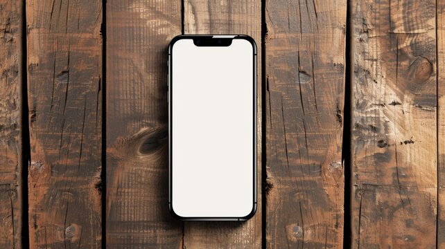 Mobile phone with blank screen on wooden table background.
