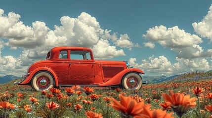 Old red car in the field