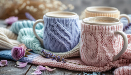Mugs in pastel colors knitted fabrics  - obrazy, fototapety, plakaty