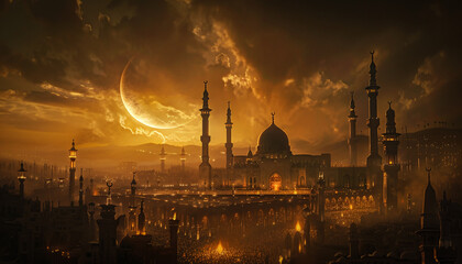 The Kaaba with the Rising Ramadan Crescent - obrazy, fototapety, plakaty
