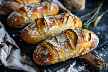 Fresh homemade sourdough bread on black background