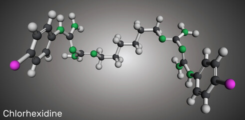 Chlorhexidine disinfectant and antiseptic drug molecule. Molecular model. 3D rendering