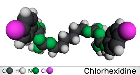 Chlorhexidine disinfectant and antiseptic drug molecule. Molecular model. 3D rendering