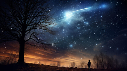 A lone figure stands under a night sky witnessing a meteor shower, illuminating a wistful scene