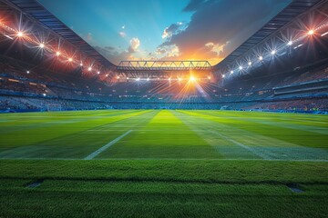 
Green field of football professional covering. Grass at the stadium for sporting events. Spotlight light. Concept: championships and coverage of events from the world of sports