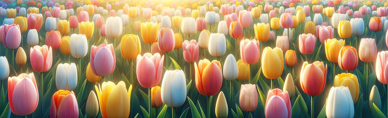 Sunrise Over Multicolored Tulip Farm Easter Spring Background