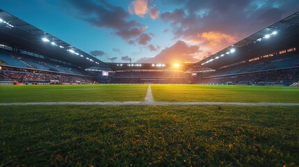 
Green field of football professional covering. Grass at the stadium for sporting events. Spotlight light. Concept: championships and coverage of events from the world of sports - obrazy, fototapety, plakaty