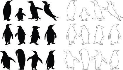 Penguin black icon set. Flat and line vector collection isolated on transparent. Logo baby cartoon character symbol graphic doodle animal element, characters play fun, make snowman, skating and skiing