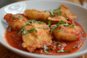 Fried homemade ravioli with marinara and basil