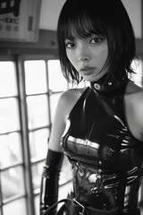 Explore the captivating contrast of a black and white photo featuring a Japanese model adorned in sleek latex attire, striking poses amidst a glossy, modern interior, embodying a chic lifestyle