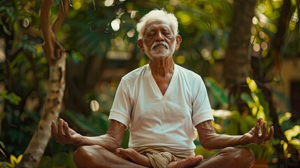 mindfulness older man doing yoga - obrazy, fototapety, plakaty