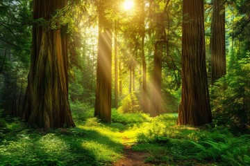 Redwood Forest in Sunlight, Green Pine Trees in Sunlight Rays Falling, Copy Space - obrazy, fototapety, plakaty