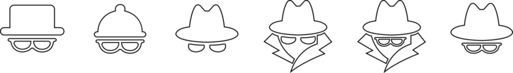 Incognito icon set with hat and eyeglasses. Spy agent black vector outline and linear logo isolated on transparent background. Browse in private. Detective icon collection. for mobile or web design. - obrazy, fototapety, plakaty