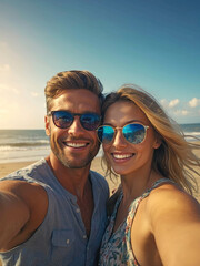 Selfie couple heureux - vacances d'été plage