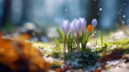 Poster Beautiful Wide Angle Nature Spring Landscape, soft focus. Nature scene with first blooming purple crocus flowers growing in city park. Panoramic scenic spring Wallpaper or Web banner © useful pictures