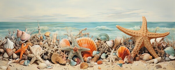 A vibrant ocean community of animal invertebrates, including colorful shells and majestic starfish, dance in the salty sea breeze, celebrating the beauty of life and nature's endless - obrazy, fototapety, plakaty