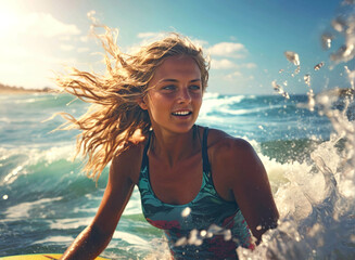surfer, woman, happy, portrait, lifestyle, sea, water, beach, ocean, sport, coast, summer, recreation, blue, sky, vacation, swimming, active, action, nature, wave, tropical, board, waves, sand, person - obrazy, fototapety, plakaty