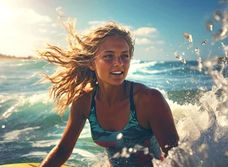 Foto op Canvas surfer, woman, happy, portrait, lifestyle, sea, water, beach, ocean, sport, coast, summer, recreation, blue, sky, vacation, swimming, active, action, nature, wave, tropical, board, waves, sand, person © Geenius Stock