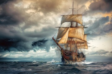 Antique Ship in Storm, Vintage Pirate Boat, Historical Sailboat, Copy Space - obrazy, fototapety, plakaty