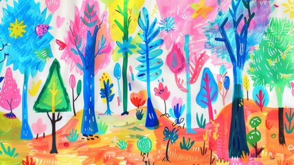 children drawing  colorful tree background