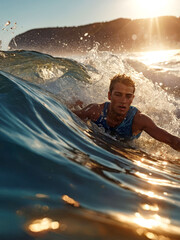 A man wearing a blue tank top is surfing in the ocean. The sun is setting in the background and the water is blue with some yellow hues.