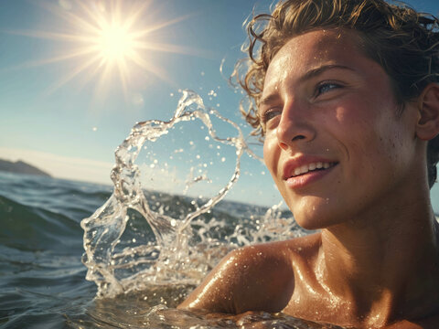 Un homme aux cheveux blonds surfe par une journ&eacute;e ensoleill&eacute;e. Il sourit et de l'eau &eacute;clabousse autour de lui.