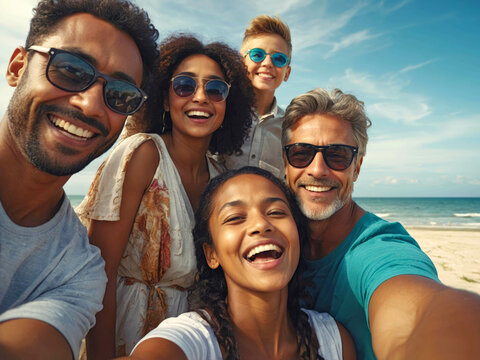 Selfie famille heureuse - vacances d'&eacute;t&eacute; plage