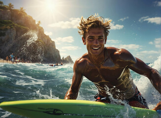 Portrait of surfer, A man with blonde hair wearing a red wetsuit is surfing in the ocean. He is riding a wave and water is splashing around him. The sun is shining and the sky is blue. - obrazy, fototapety, plakaty