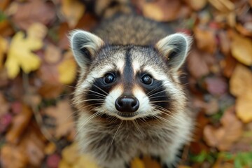 Raccoon Close up Portrait, Fun Animal Looking into Camera, Raccoon Nose, Wide Angle Lens - obrazy, fototapety, plakaty