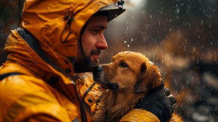 Man in yellow jacket holds Canidae companion dog in arms