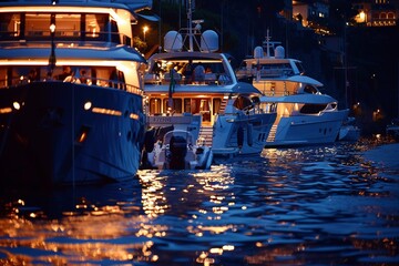 A cinematic capture of a row of opulent yachts docked in an Italian harbor, their shimmering lights...