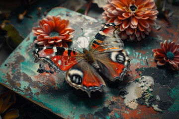 Naklejka premium The result of a professional shooting of a butterfly with a delicate and patterned wings and a flower on it