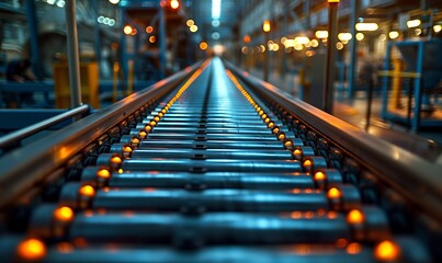 A closeup shot capturing the symmetrical train tracks with bright lighting, showcasing the infrastructure of this vital mode of transport in the bustling metropolitan area - obrazy, fototapety, plakaty