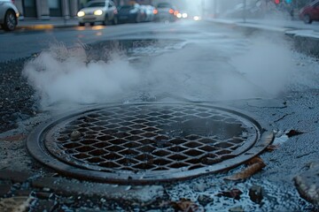 Sewer Manhole Steam Escaping on City Street, Heat Loss Concept, Urban Infrastructure, Ventilation System - obrazy, fototapety, plakaty