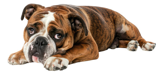 Relaxed bulldog lying down, cut out - stock png.