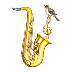 A golden saxophone decorated with red roses and a treble clef. The watercolor illustration is hand-drawn. For posters, flyers and cards. For banners and postcards. For logos, stickers and prints.