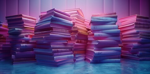 A colorful stack of books sits in the room, with titles in electric blue, magenta, and purple...
