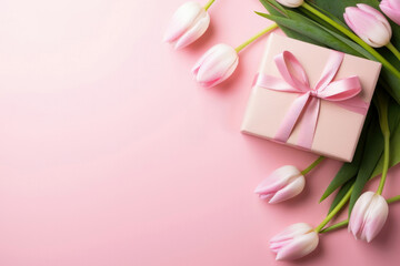 Pink tulips and gift box on a pink background. High quality photo