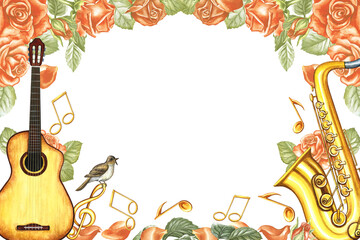 The frame is musical with a saxophone, piano keys, roses and a treble clef. The watercolor illustration is hand-drawn. For posters, flyers and invitation cards. For greeting cards and certificates.