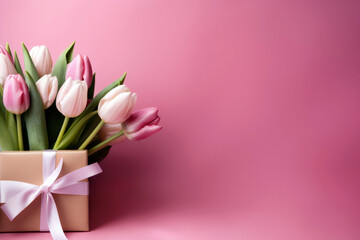 Obraz premium Beautiful bouquet of pink and white tulips displayed in a gift box against a pink background. High quality photo